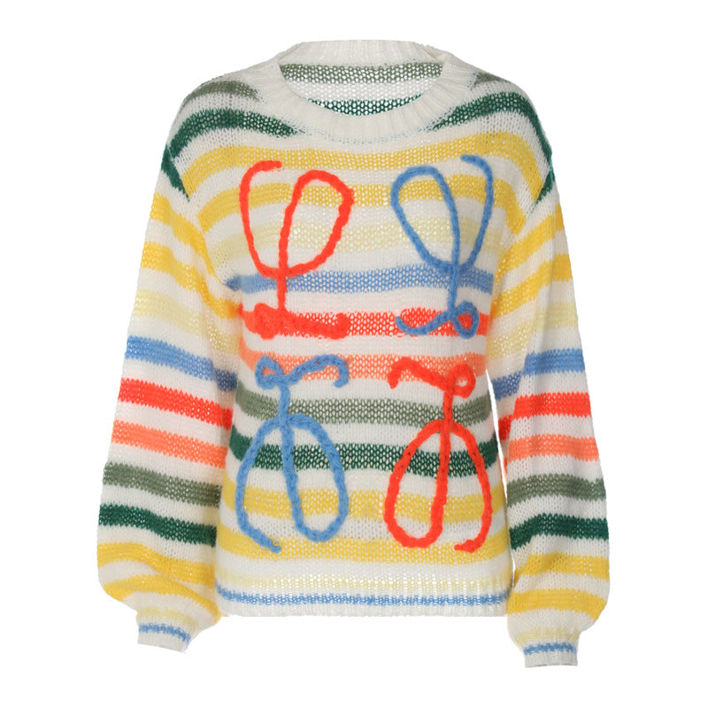 Women's Rainbow Striped Knit Sweater Loose Casual Pullover