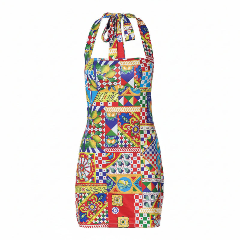 Colorful apron with geometric patterns on a white background