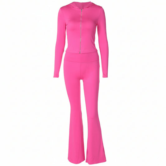 Pink jumpsuit with a hood on a white background