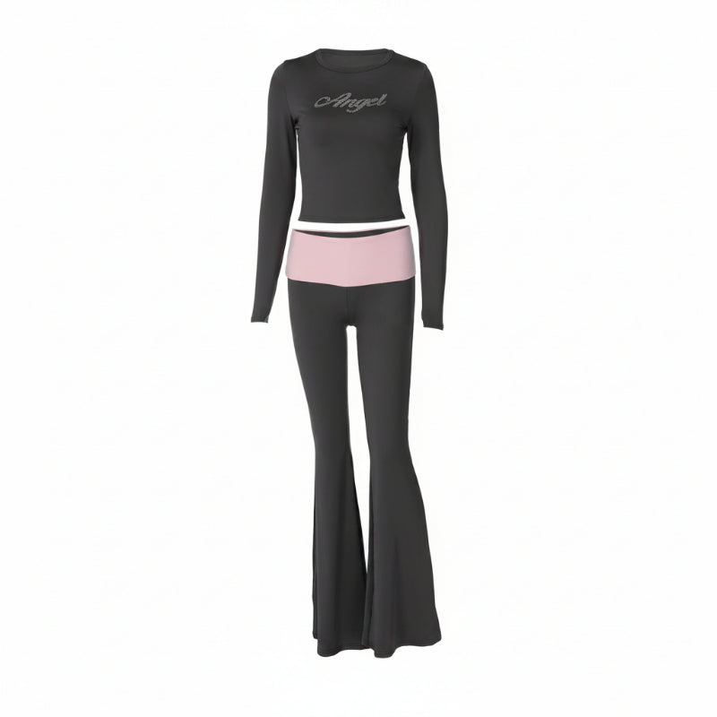 Black outfit with pink waistband on a white background