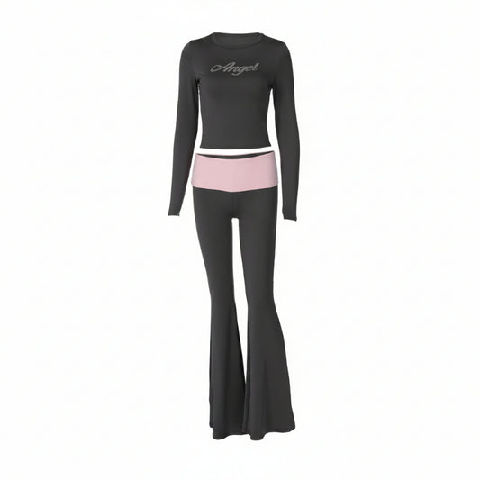 Black outfit with pink waistband on a white background