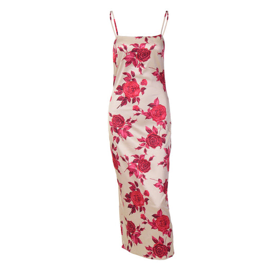 Floral dress with red roses on a white background