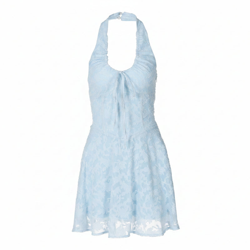 Light blue halter neck dress on a white background