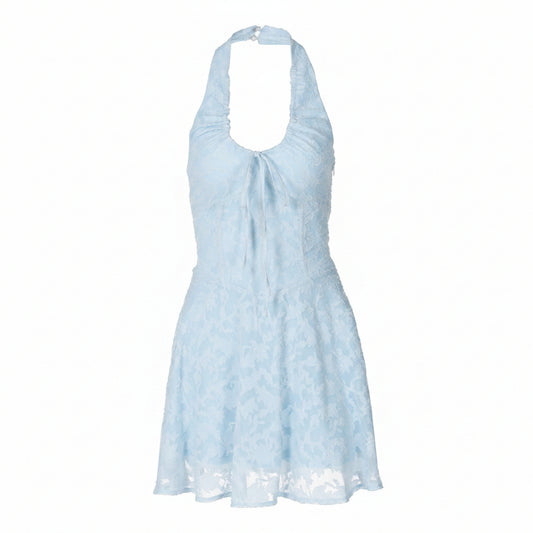 Light blue halter neck dress on a white background