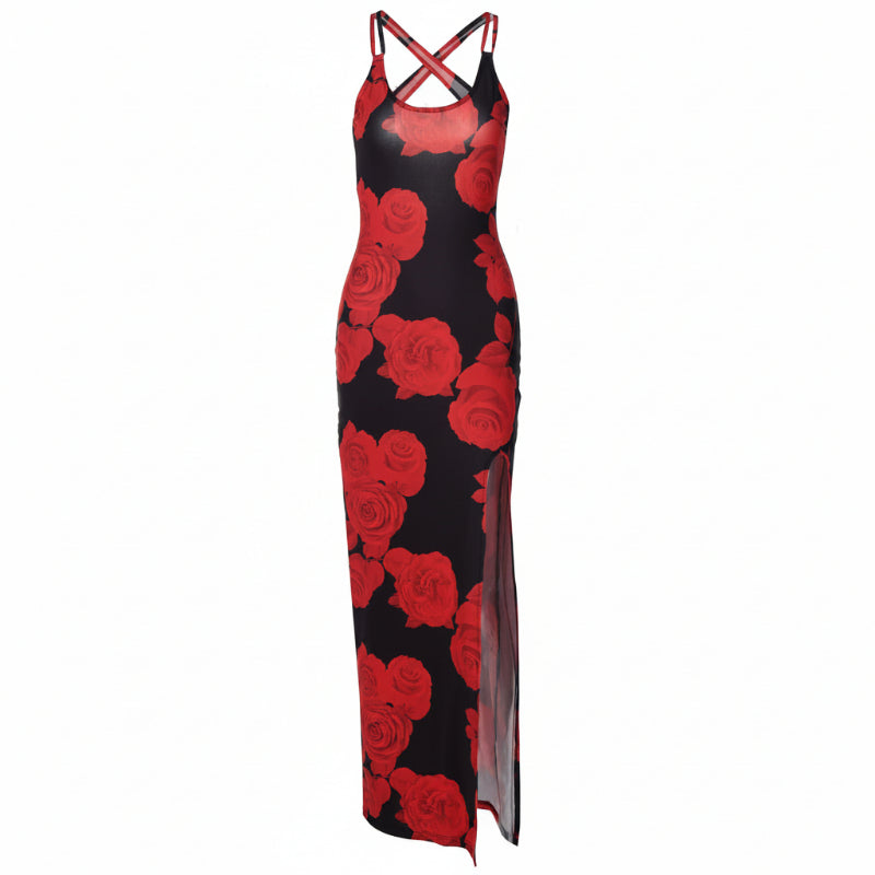 Black dress with red rose pattern on a white background