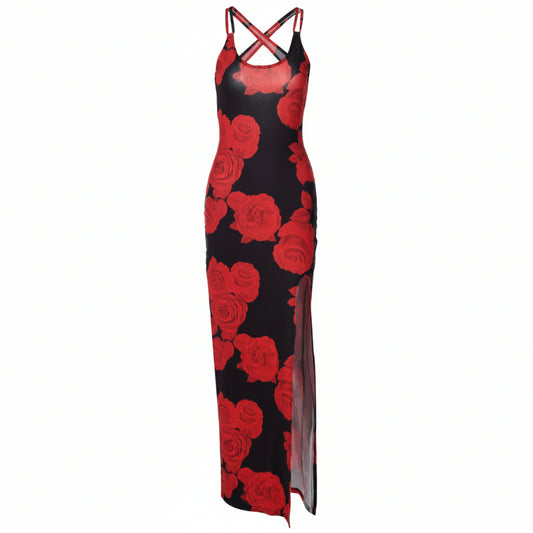 Black dress with red rose pattern on a white background
