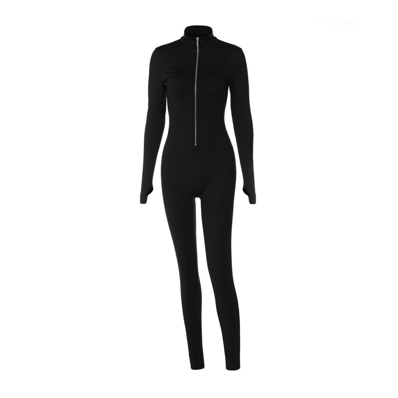 Women's Black Zip Front Long Sleeve Slim Fit Jumpsuit