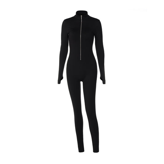Women's Black Zip Front Long Sleeve Slim Fit Jumpsuit