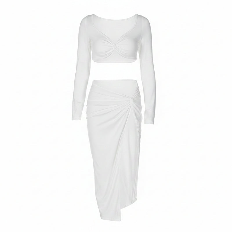 White long-sleeve top and skirt set on a white background