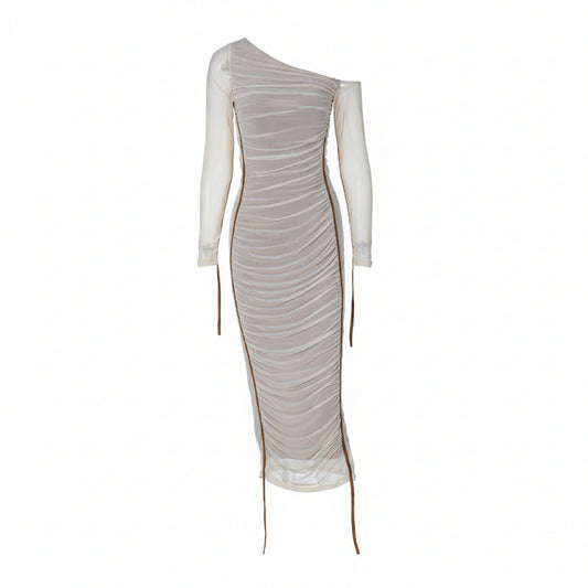 Elegant one-shoulder dress with ruched design on a white background
