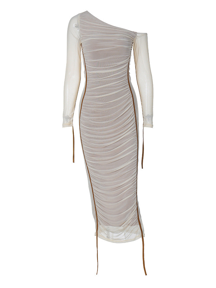 Women's One Shoulder Ruched Maxi Dress Beige Long Sleeve Bodycon Elegant Dress