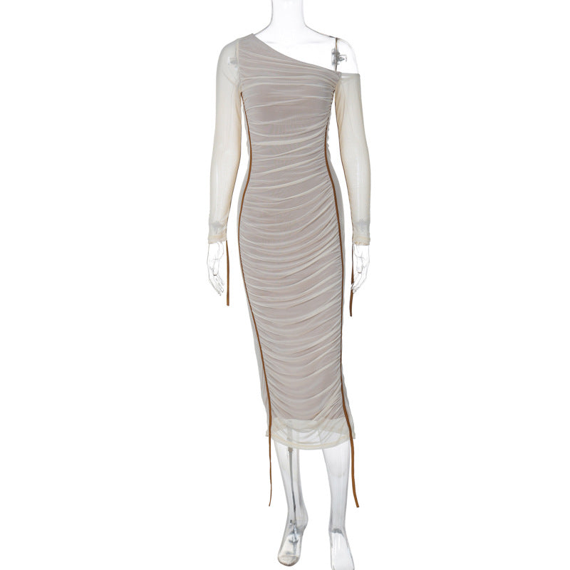 Women's One Shoulder Ruched Maxi Dress Beige Long Sleeve Bodycon Elegant Dress