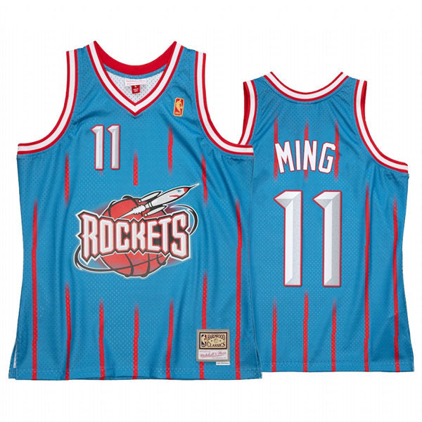 Men Houston Rockets #11 Yao Ming Light Blue Pinstripe Mitchell & Ness Hardwood Classics Reload 2.0 Jersey