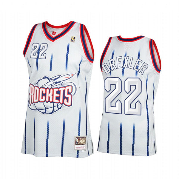 Men Houston Rockets #22 Clyde Drexler White Pinstripe Mitchell & Ness Hardwood Classics Jersey
