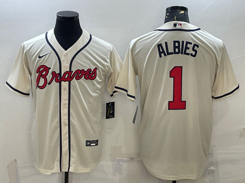 Men’s Atlanta Braves Ozzie Albies #1 Beige Jersey