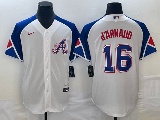 Men’s Atlanta Braves Travis d’Arnaud #16 White 2023 City Connect Jersey