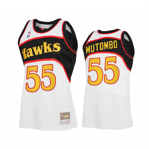 Mens Atlanta Hawks #55 Dikembe Mutombo White Retro 1986-87 Hardwood Classics Jersey