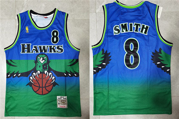 Mens Atlanta Hawks #8 Steve Smith 1996-97 Green Blue Hardwood Classics Throwback Jersey