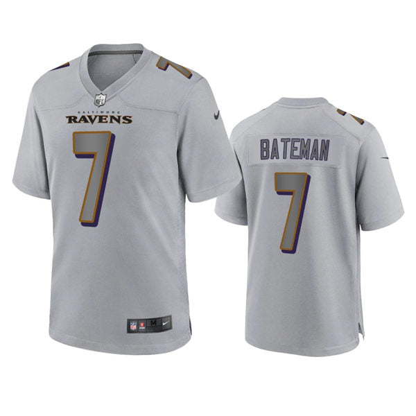 Mens Baltimore Ravens #7 Rashod Bateman Gray Atmosphere Fashion Game Jersey
