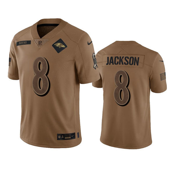 Mens Baltimore Ravens #8 Lamar Jackson Brown 2023 Salute To Service Limited Jersey