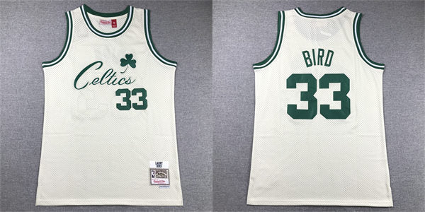 Mens Boston Celtics #33 Larry Bird Mitchell & Ness Chainstitch Swingman Jersey – Cream