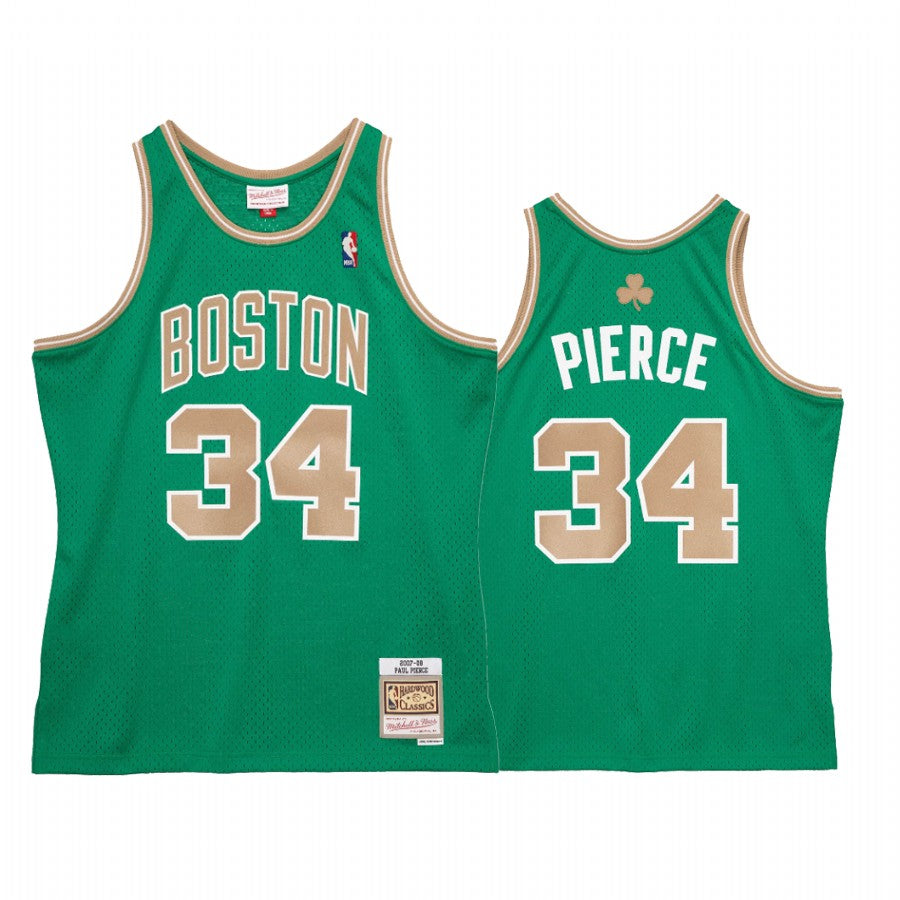 Men’s Boston Celtics #34 Paul Pierce Green Gold Mitchell & Ness Hardwood Classics 2007-08 St Patricks Day Jersey