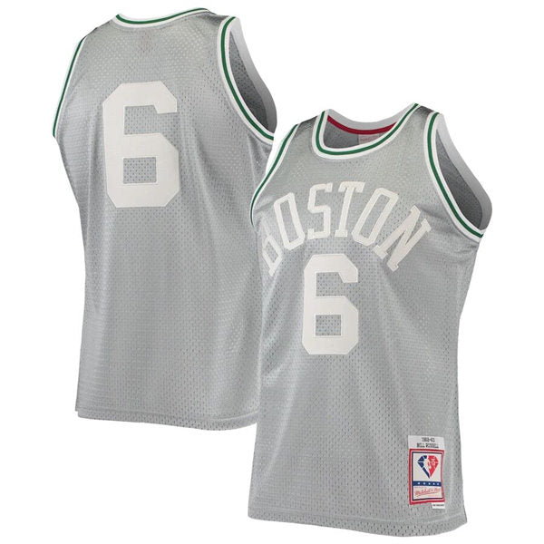 Men’s Boston Celtics #6 Bill Russell Mitchell & Ness Silver 1962-63 Hardwood Classics Jersey