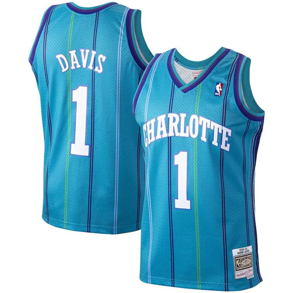 Men’s Charlotte Hornets #1 Baron Davis Teal Pinstripe 1999-00 Hardwood Classics Swingman Jersey