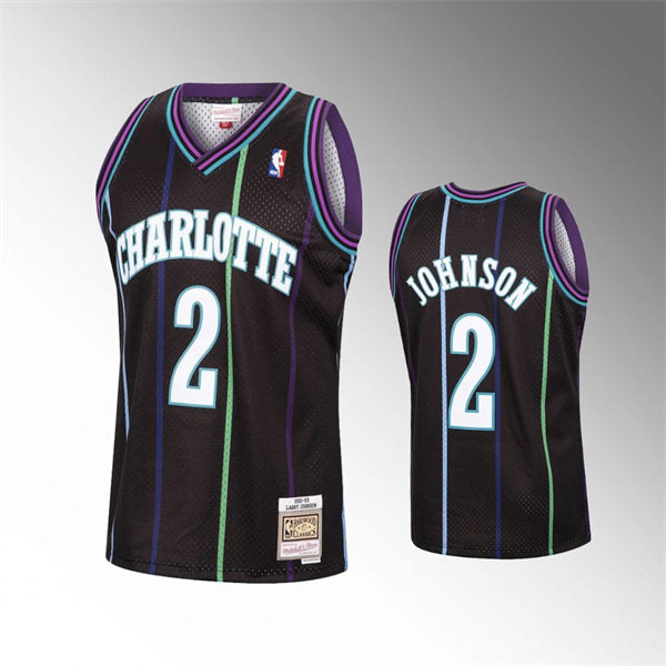 Men’s Charlotte Hornets #2 Larry Johnson Black Pinstripe Reload 1992-93 Hardwood Classics Jersey