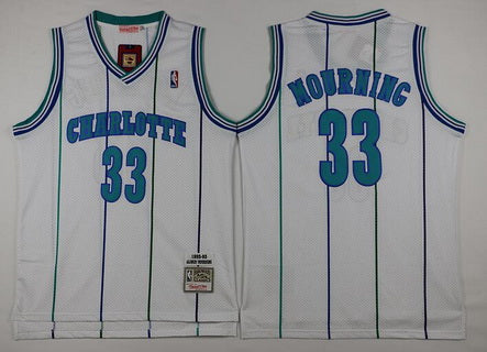 Men’s Charlotte Hornets #33 Alonzo Mourning 1992-93 White Hardwood Classics Soul Swingman Throwback Jersey