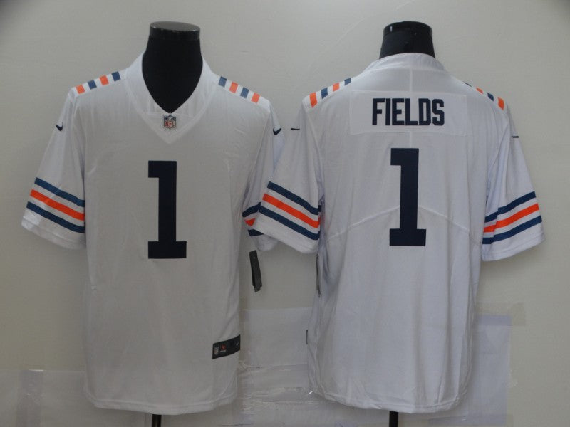 Men’s Chicago Bears #1 Justin Fields Nike White 100th Season Alternate Classic Limited Jersey