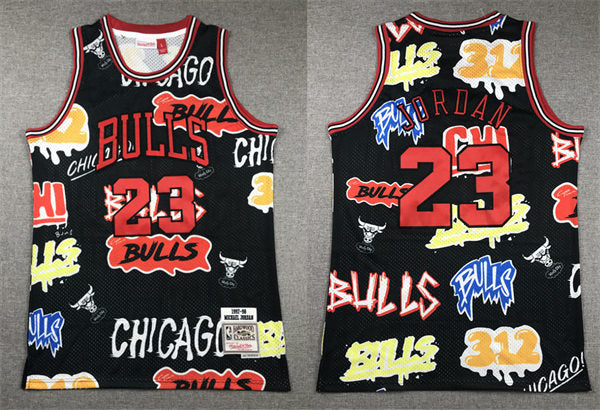 Men’s Chicago Bulls #23 Michael Jordan 1997-98 Mitchell&Ness Graffiti Jersey Black