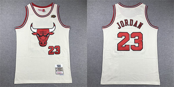 Mens Chicago Bulls #23 Michael Jordan Mitchell & Ness Chainstitch Swingman Jersey – Cream