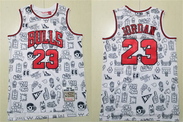 Men’s Chicago Bulls #23 Michael Jordan Mitchell & Ness Chi-Town Cartoon Doodle Jersey