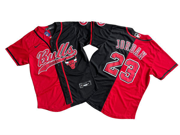 Men’s Chicago Bulls #23 Michael Jordan Red Black Split Limited Baseball Jerse