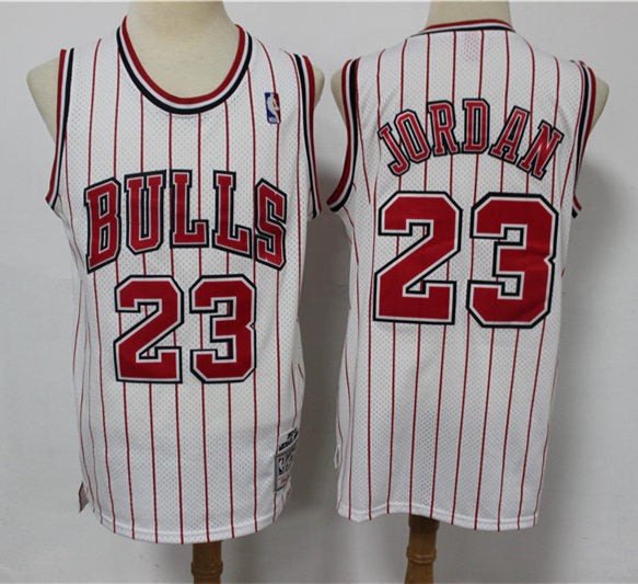 Men’s Chicago Bulls #23 Michael Jordan White Pinstripe Mitchell & Ness Hardwood Classics Reload Jersey