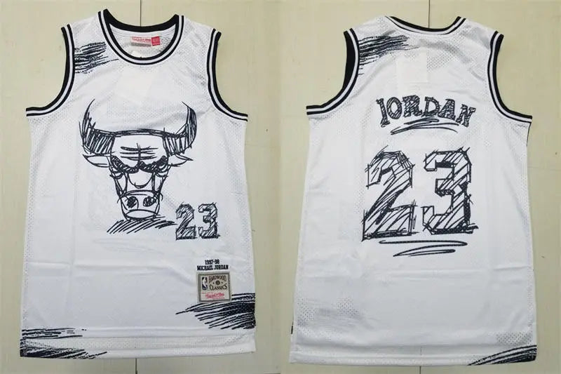 Mens Chicago Bulls #23 Michael Jordan White sketch designed 1997-98 Throwback Jersey