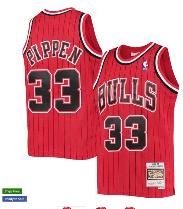 Mens Chicago Bulls #33 Scottie Pippen Red Pinstripe Mitchell & Ness 1995-96 Hardwood Classics Reload Swingman Jersey