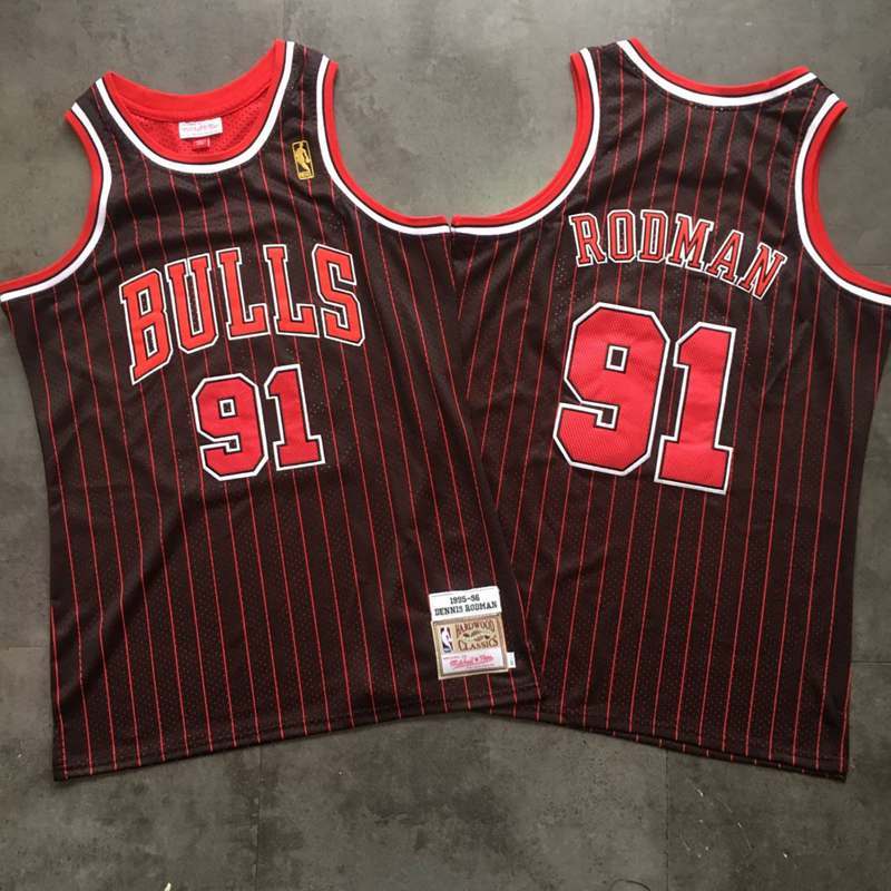 Men’s Chicago Bulls #91 Dennis Rodman Black Pinstripe Hardwood Classics Throwback Jersey