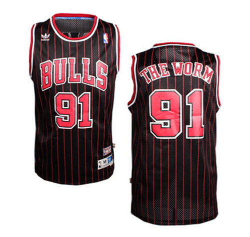 Mens Chicago Bulls #91 Dennis Rodman Black Pinstripe NickName “The Worm” Jersey