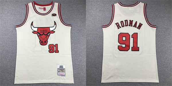 Mens Chicago Bulls #91 Dennis Rodman Mitchell & Ness Chainstitch Swingman Jersey – Cream