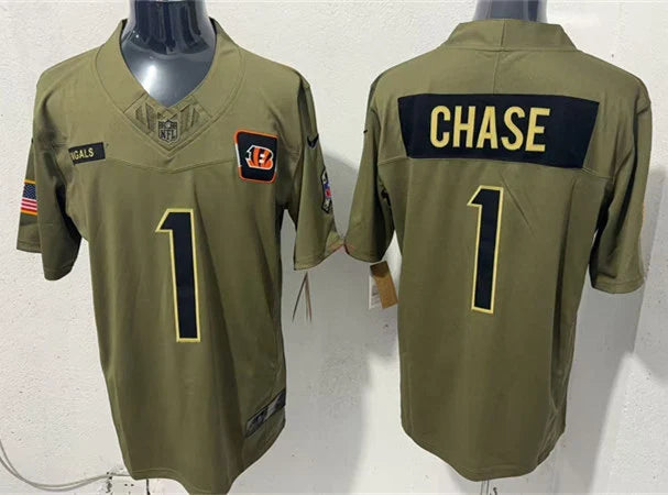 Mens Cincinnati Bengals #1 Ja’Marr Chase Nike 2025 Salute to Service Limited Jersey – Olive