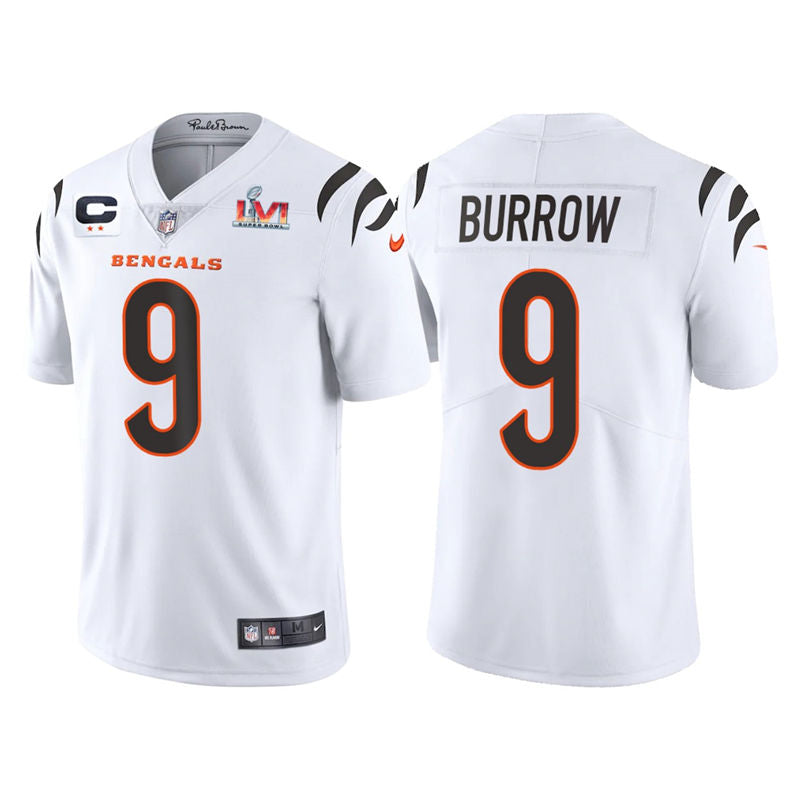 Men’s Cincinnati Bengals #9 Joe Burrow Jersey with Captain C patch White Away Vapor Limited Jersey