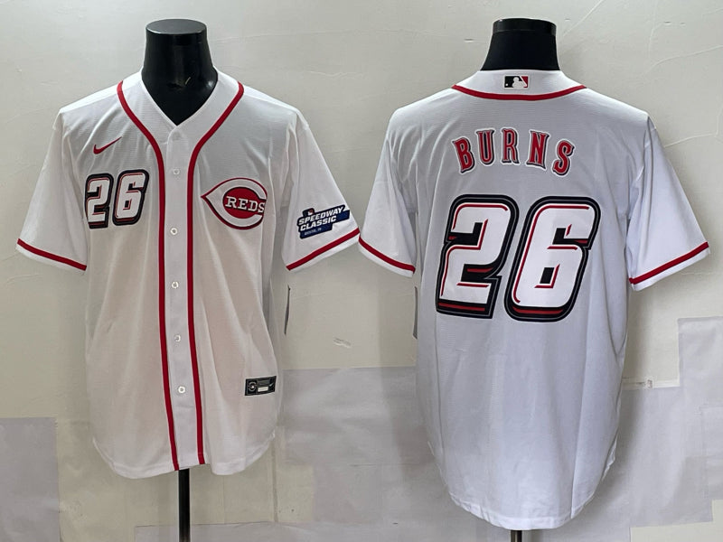 Men’s Cincinnati Reds Chase Burns #26 White 2025 MLB Speedway Classic Home Jersey