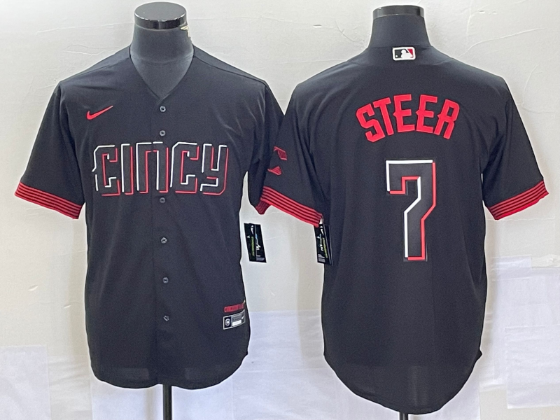 Men’s Cincinnati Reds Spencer Steer #7 Black 2023 City Connect Jersey