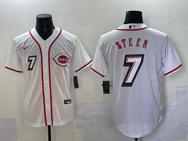 Men’s Cincinnati Reds Spencer Steer #7 White 2025 MLB Speedway Classic Home Jersey