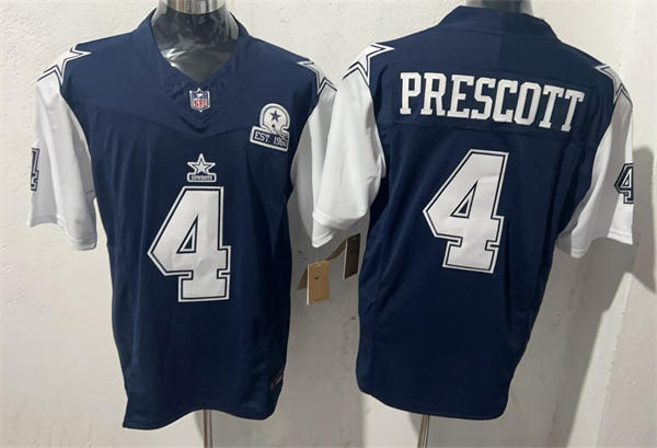 Mens Dallas Cowboys #4 Dak Prescott Navy White EST 1960 Anniversary Gratitude F.U.S.E. Limited Jersey