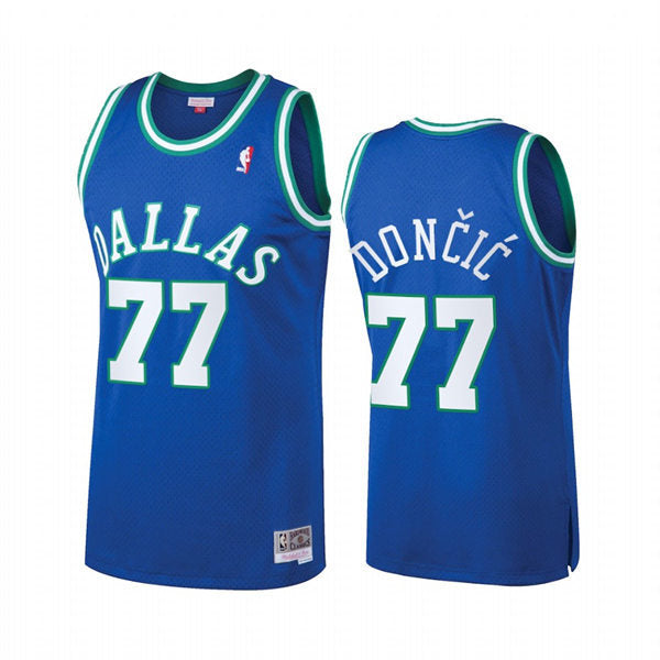 Mens Dallas Mavericks #77 Luka Doncic Blue Mitchell & Ness Hardwood Classics Team Heritage Fashion Jersey