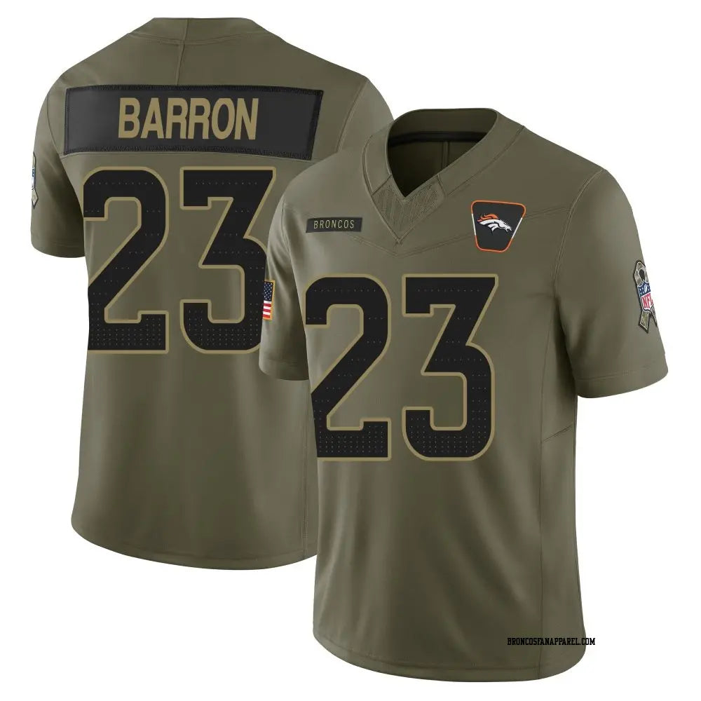 Mens Denver Broncos #23 Jahdae Barron 2025 Salute to Service Limited Jersey – Olive