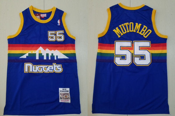 Men’s Denver Nuggets #55 Dikembe Mutombo Blue Rainbow 1991-92 Hardwood Classics Throwback Jersey